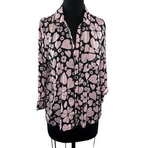 KATE SPADE Black Pink Top Clover Hearts Print Collared PJ Button-Up Medium M